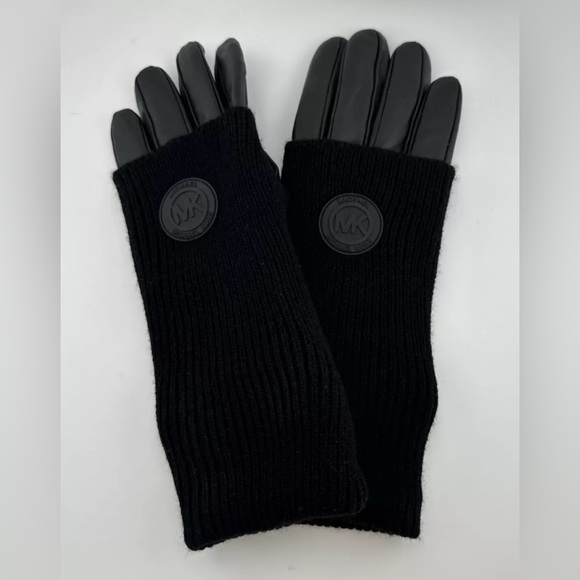 NWOT Michael Kors Leather Logo Gloves Large Mitten Black Fabric Retail $128 - Picture 1 of 6